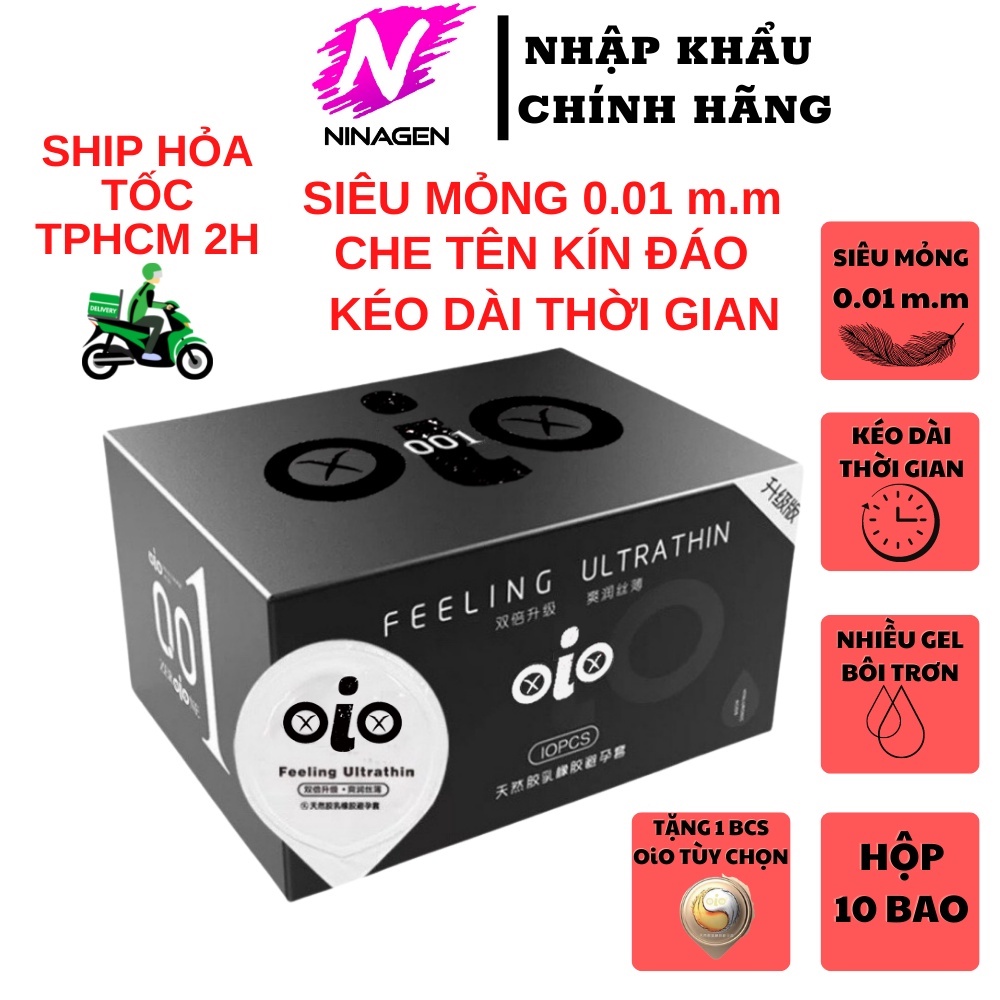 Bao cao su OiO đen siêu mỏng 001 nhiều gel bôi trơn kéo dài thời gian bcs chống xuất tinh sớm NinaGen
