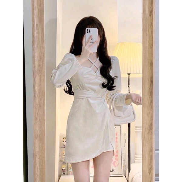 Váy thắt eo có dây hoa chéo cổ Quảng Châu cực xinh
