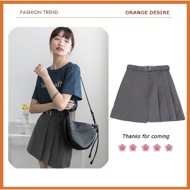 Orange Desire- Có sẵn- Free ship - Chân váy xếp ly chéo kèm belt giá rẻ nhất