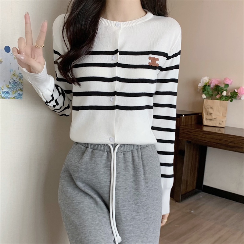 Áo cardigan dệt kim SUXI tay dài dáng rộng cổ tròn họa tiết kẻ sọc phong cách vintage Hàn Quốc