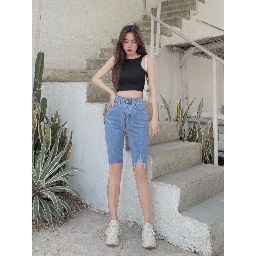 Quần jean ngố nữ co giãn rách gối cực phong cách, chất jean cotton mềm mại, bền màu AnNgo - AT186