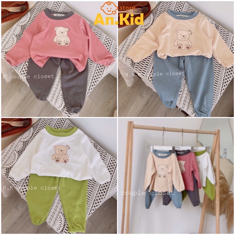 Đồ Bộ Dài Tay Bé Trai, Bé Gái 6-16kg Chất Cotton Zip Hàn Mềm Hình Gấu Quần Bo Chun - AN.KID