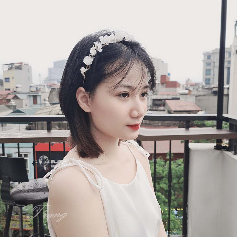 Bờm cài tóc cô dâu hoa trắng pha lê cườm Nhật-hàng thiết kế