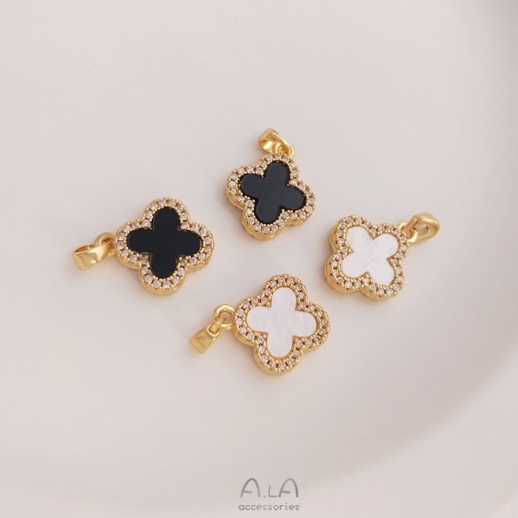 █A.ιA゜14K Vàng●〔 1 Cái〕°Mặt Dây Chuyền Hình Cỏ Bốn Lá Màu Đen Trắng 18K Đính Đá Zircon