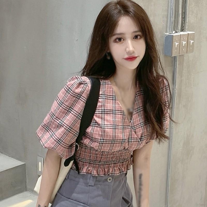  Áo croptop ngắn tay cổ chữ V in caro phong cách cổ điển Hàn Quốc cho nữ | BigBuy360 - bigbuy360.vn