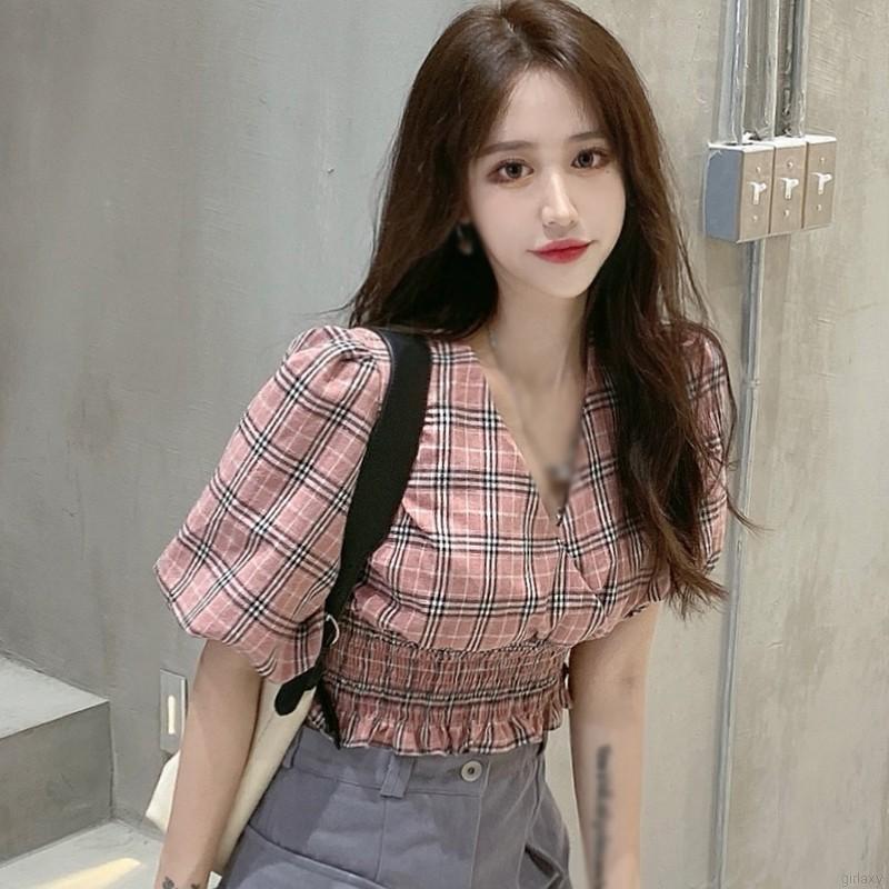  Áo croptop ngắn tay cổ chữ V in caro phong cách cổ điển Hàn Quốc cho nữ