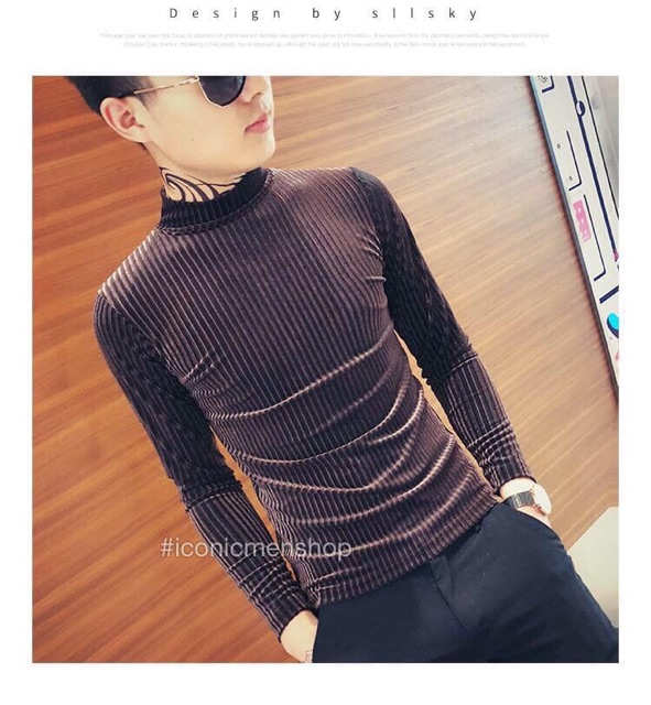 Áo thun nhung cổ trụ sọc gân , nâu