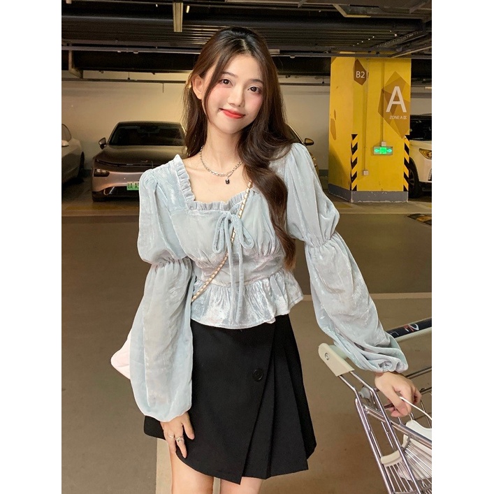 Áo Nhung Dài Tay Cổ Vuông Thắt Nơ Thời Trang Mùa Thu Thanh Lịch Dành Cho Nữ