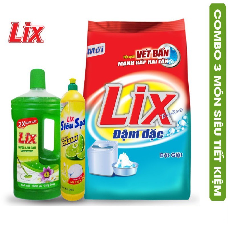 Combo Bột giặt Lix Extra đậm đặc 3Kg +Nước lau sàn Lix hương nắng hạ 1 lít +Nước rửa chén Lix siêu sạch hương chanh 800g