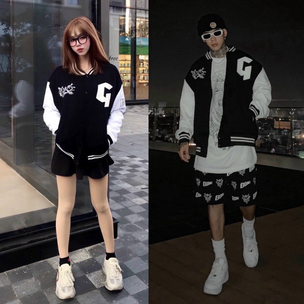 Áo khoác dù bomber nam nữ form rộng cao cấp, áo khoác nhung tăm họa tiết chữ G tweed đẹp phối nỉ gió màu đen K016 | BigBuy360 - bigbuy360.vn