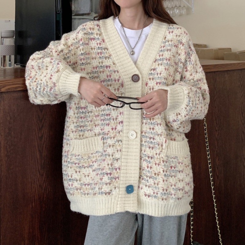 (A5002) áo khoác cardigan ulzzang len có túi freesize(len đan thuần hồng)