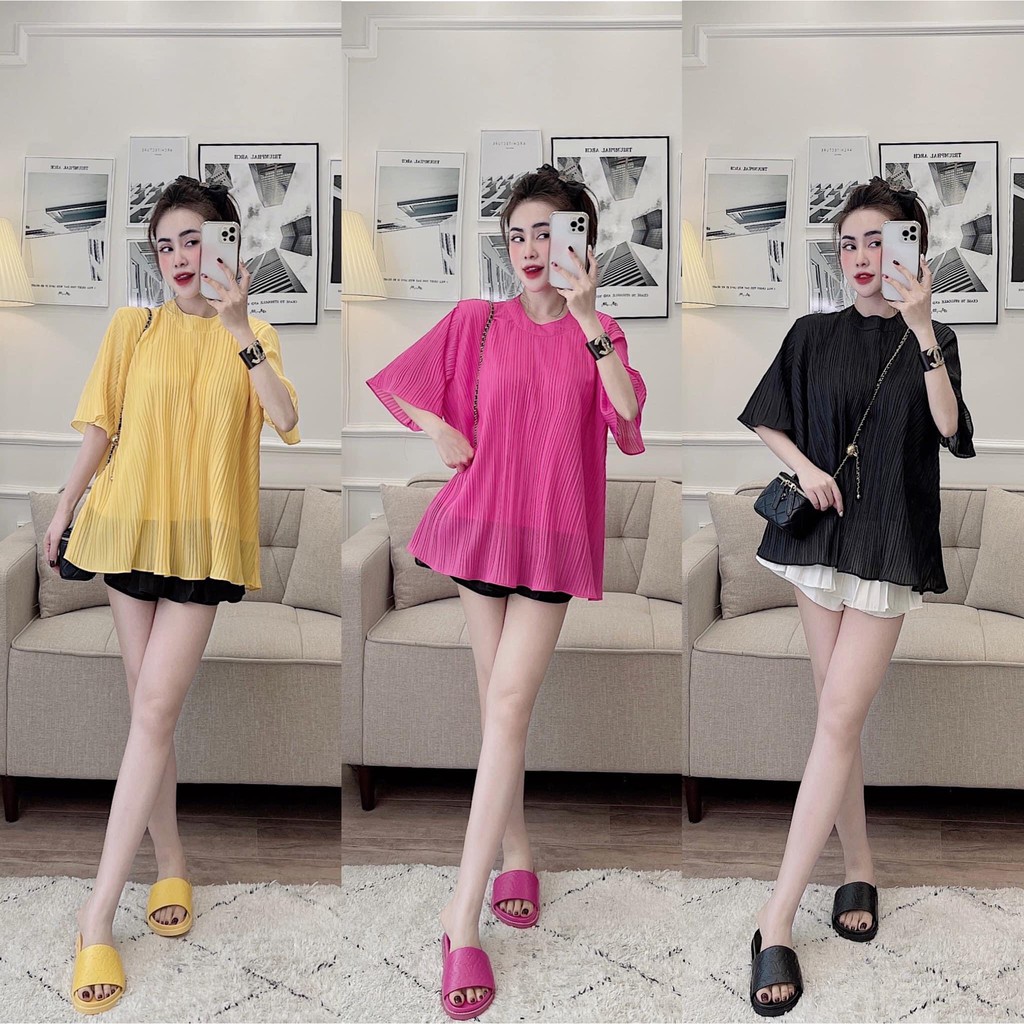 [ÁO SUÔNG] Áo Kiểu Nữ, Áo Dáng Suông Dập Ly Cổ Tròn Nhiều Màu Phối Quần Jeans, Chân Váy | BigBuy360 - bigbuy360.vn