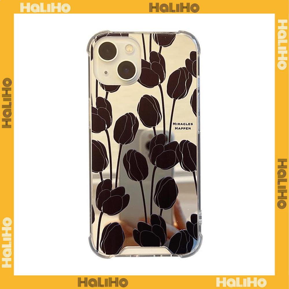 iPhone Case Acrylic Reflective Mirror Airbag Shockproof Protection Camera Black Tulip Flower Compatible with iPhone 11 iPhone 13 Pro Max iPhone 12 Pro Max iPhone 7 Plus iPhone xr
