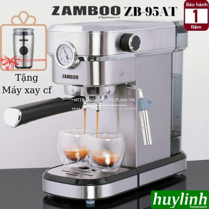 [Mã ELHAMS5 giảm 6% đơn 300K] Máy pha cà phê Espresso Zamboo ZB-95AT + Tặng Máy Xay ZB-100GR + 500gr cafe hạt