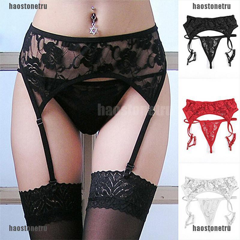 Bộ Đồ Lót Ren Lọt Khe Kèm Đai Nịt Bít Tất Gợi Cảm Cho Nữ