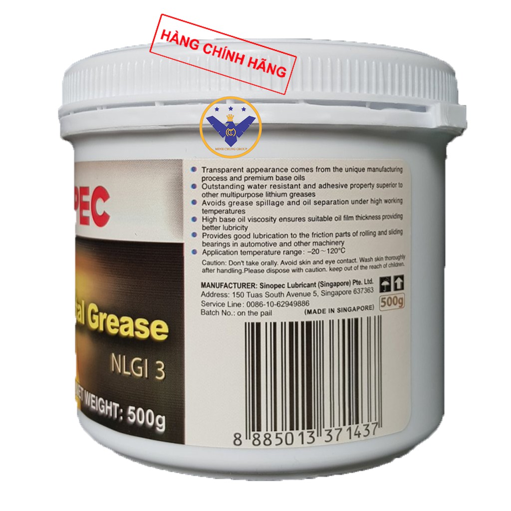 Mỡ bò bôi trơn chịu nhiệt Sinopec Crystal Grease NLGI 3 - 500g