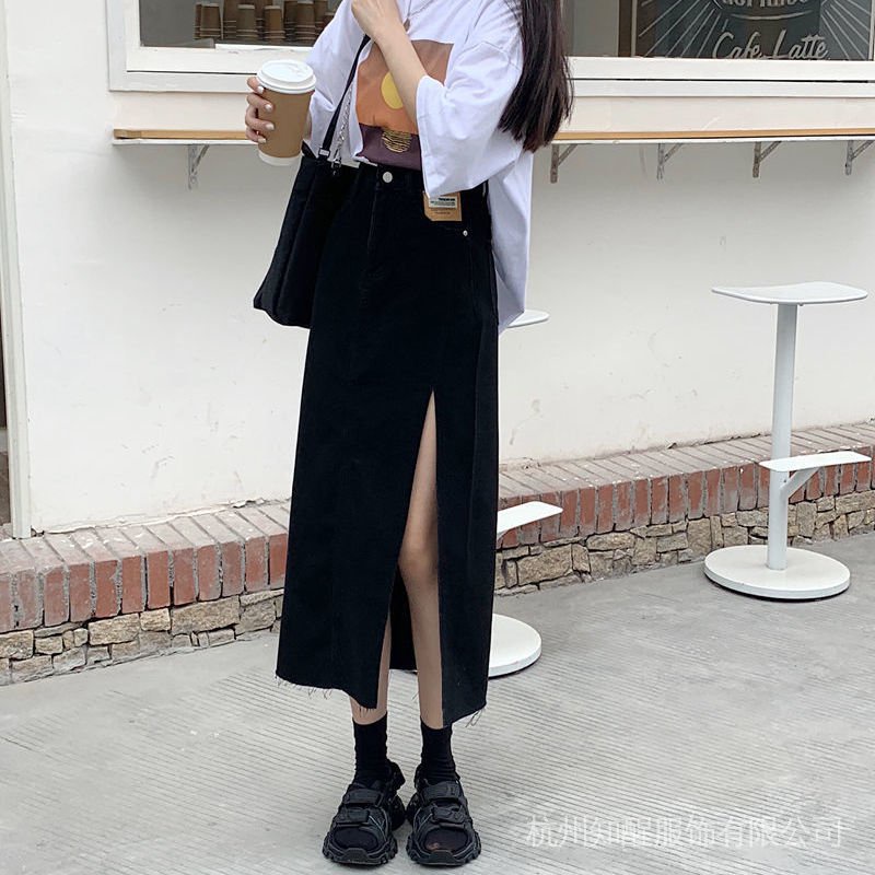 Chân Váy Denim Đen Dài Dáng Chữ a Lưng Cao Xẻ Tà Thời Trang Mùa Xuân Cho Nữ