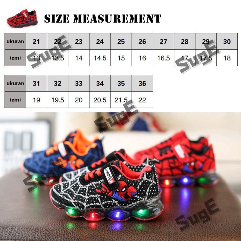 [Suge] Giày Sneaker Chạy Bộ Thể Thao Tập Đi Bộ Thoáng Khí Có Đèn LED Nhấp Nháy Hình Người Nhện Thời Trang Cho Bé Trai Bé Gái
