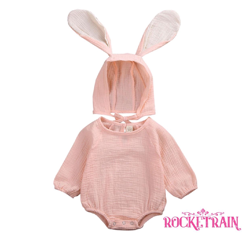 Jumpsuit Hình Tai Thỏ 3d+nón Cho Bé 0-24 Tháng Tuổi