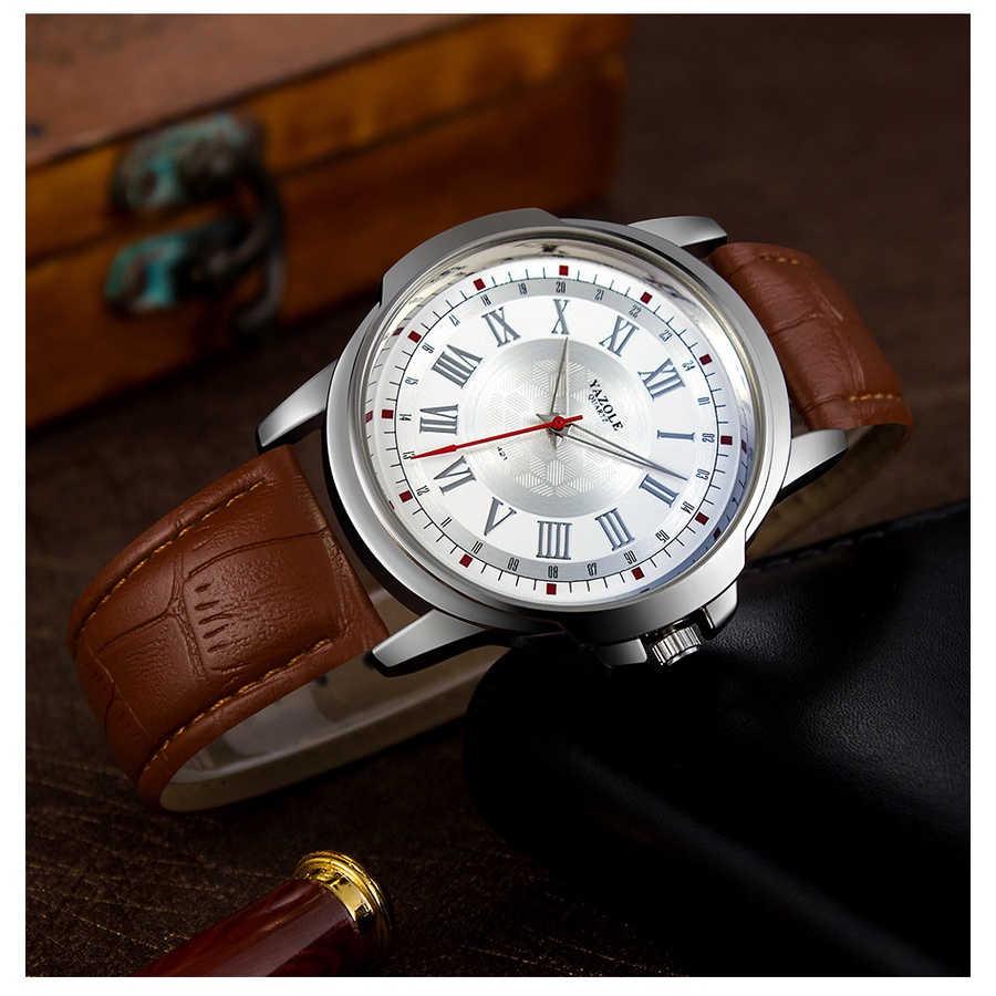 Đồng hồ nam dây da chính hãng YAZOLE Y421 cao cấp sang trọng thời trang giá rẻ mặt tròn LINDO