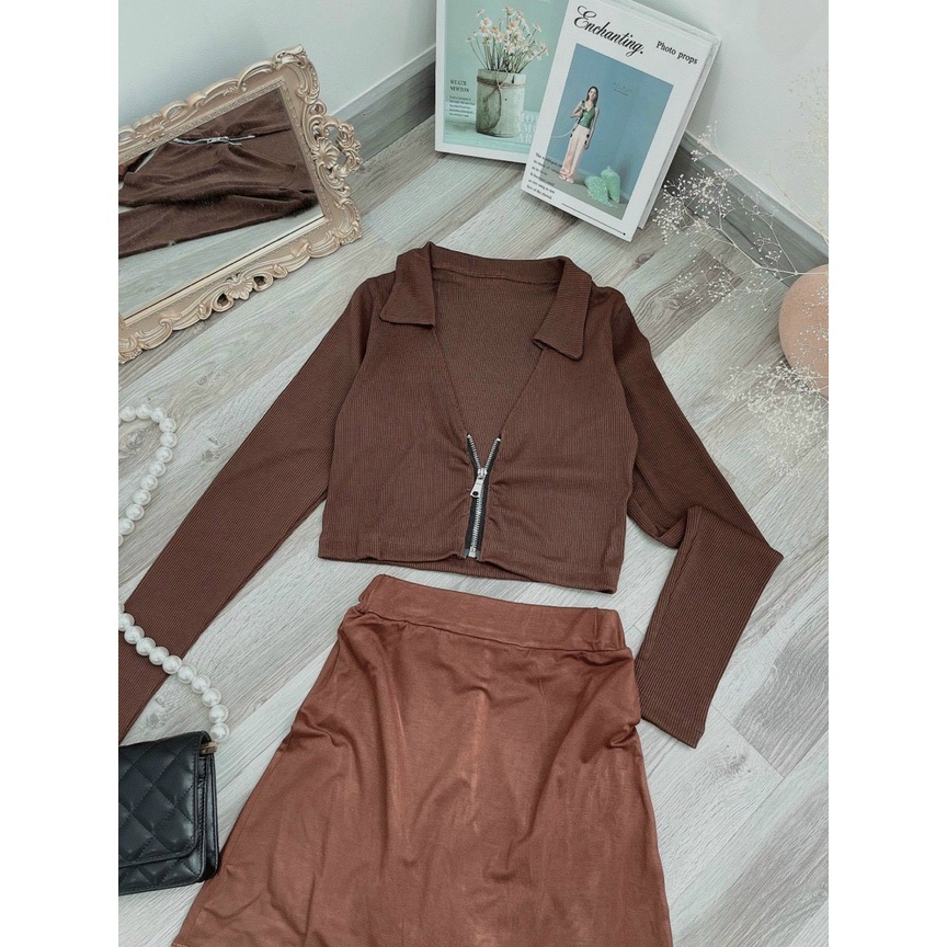 Set body áo croptop tay dài chân váy màu nâu siêu tây