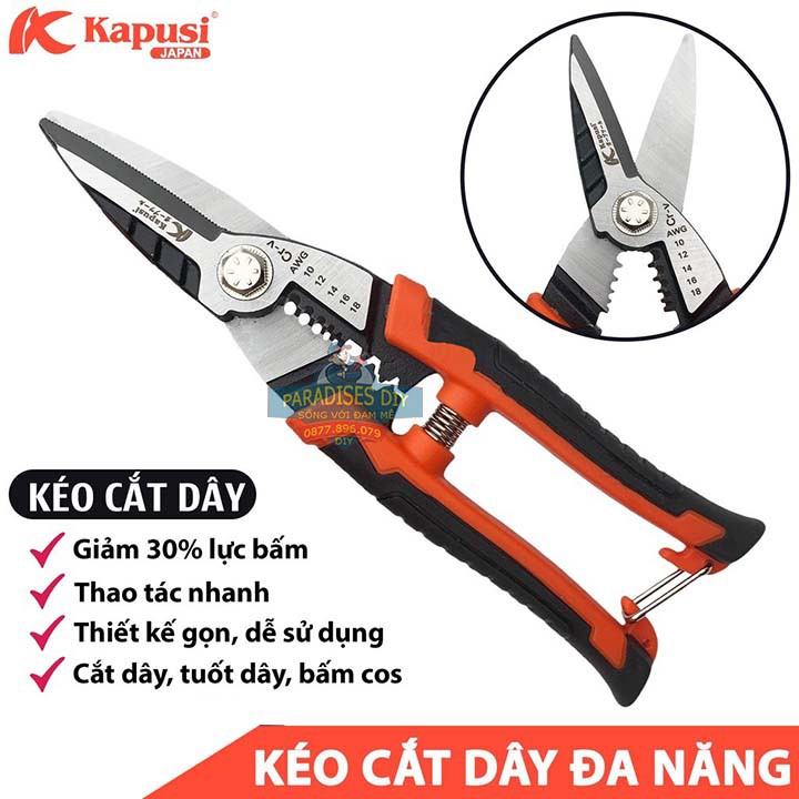 Kéo cắt dây điện đa năng trợ lực Nhật 3 trong 1 Kapusi JAPAN, kìm tuốt dây điện cao cấp tích hợp bấm cos chất lượng cao