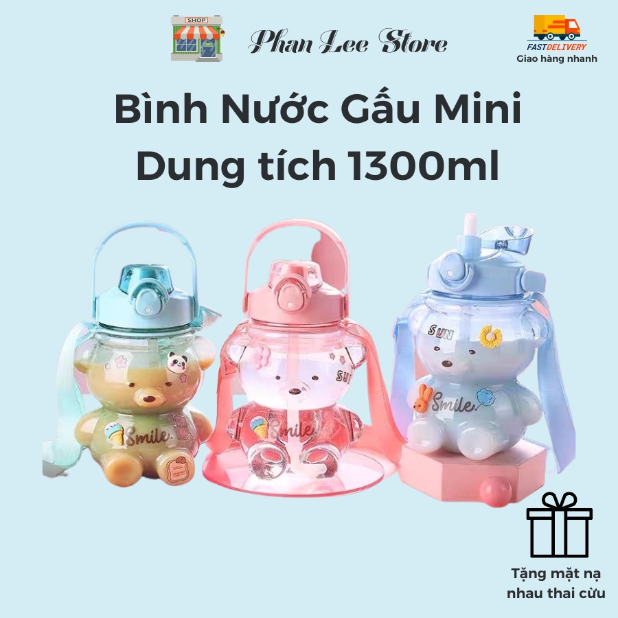 Bình nước gấu mini Dung tích 1100ml có dây đeo kèm sticker ngộ nghĩnh Tặng mặt nạ dưỡng ẩm