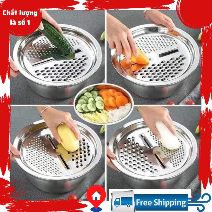 Bộ bào nạo rau củ kiêm rổ và chậu Inox Cao cấp đa năng ( SIZE 26CM )