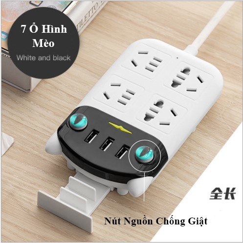 Ổ cắm điện tai mèo đa năng 3 cổng USB 5V sạc nhanh, tiết kiệm 30KW/h, chịu tải lớn 2500W, chống quá tải, cháy nổ