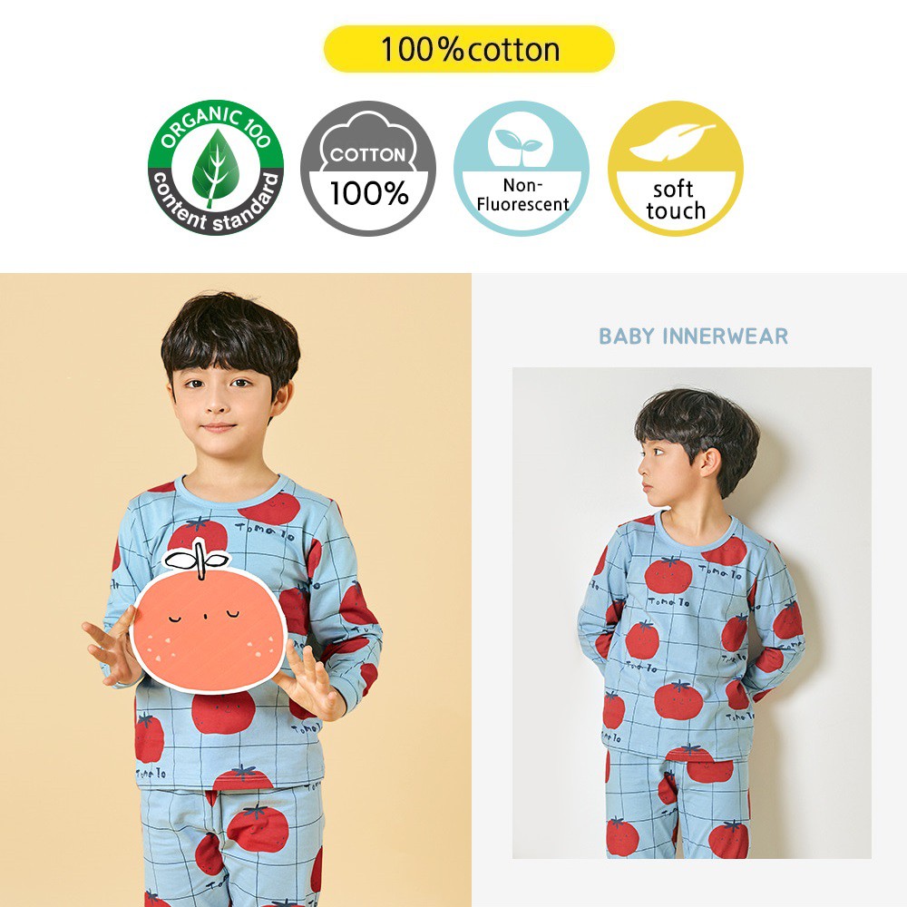 Bộ đồ ngủ gồm áo dài tay và quần mặc ở nhà 100% hữu cơ cho trẻ em bé trai hình kẻ sọc cà chua