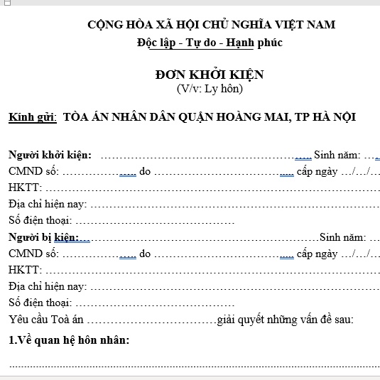 Mẫu đơn ly hôn đơn phương tòa án quận Hoàng Mai + bản hướng dẫn đơn ly hôn và hồ sơ ly hôn