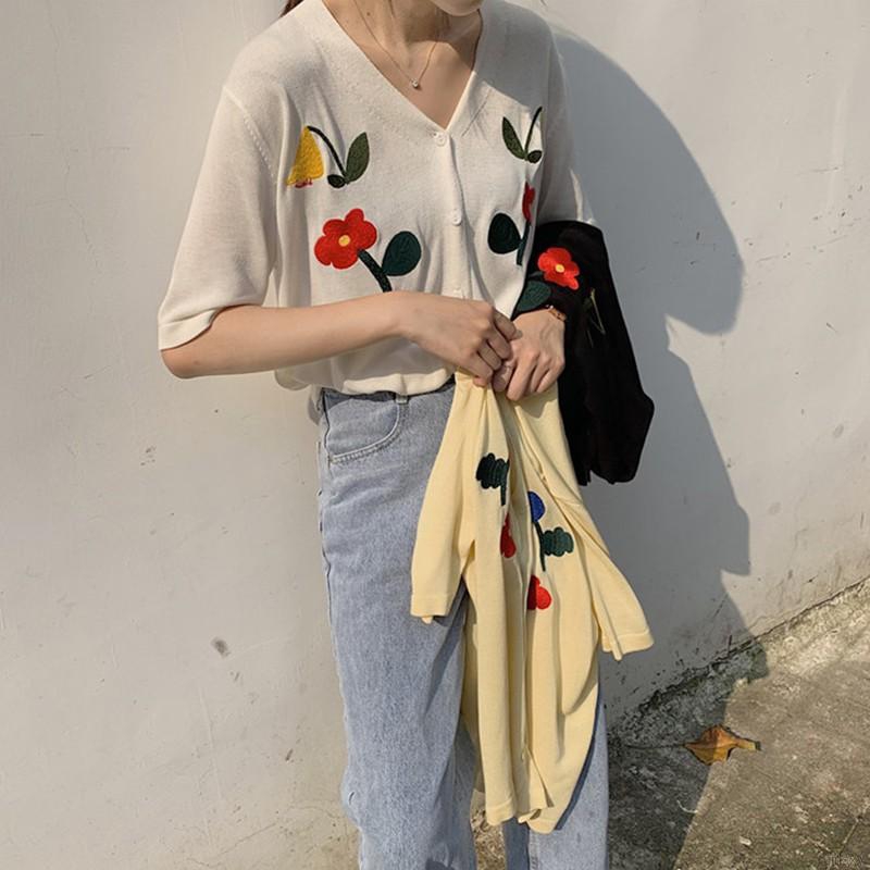 Áo Cardigan Dệt Kim Tay Ngắn Dáng Rộng In Hoa Phối Nút Kiểu Hàn Quốc Xinh Xắn