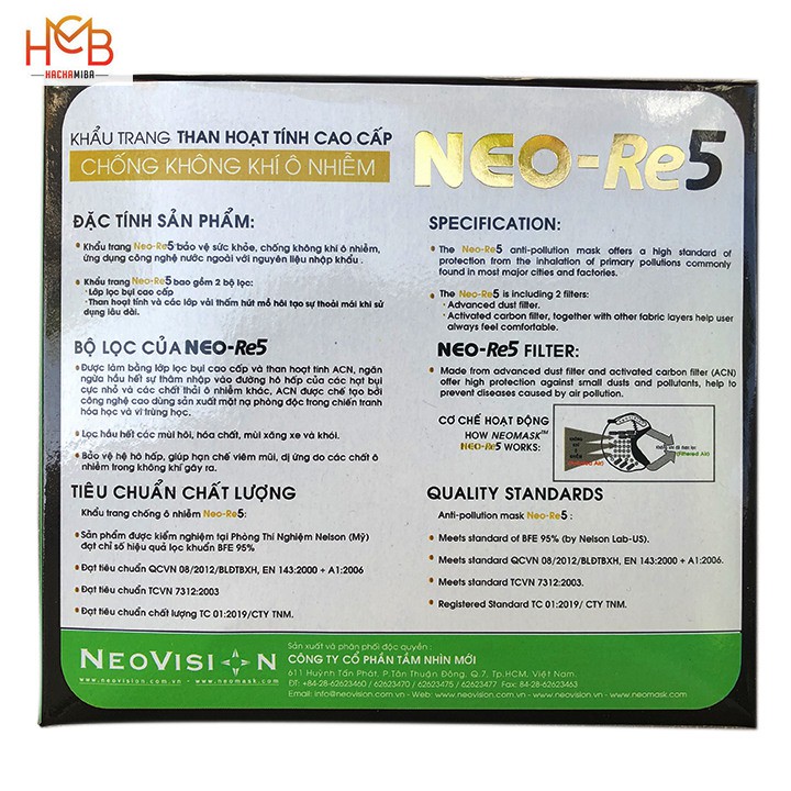 Khẩu Trang Neo-Re5 Than Hoạt Tính Cao Cấp Chính Hãng Neovision