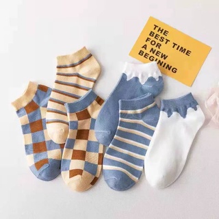 Combo 5 đôi tất cổ trung hàng cotton sọc kẻ phong cách Hàn Quốc
