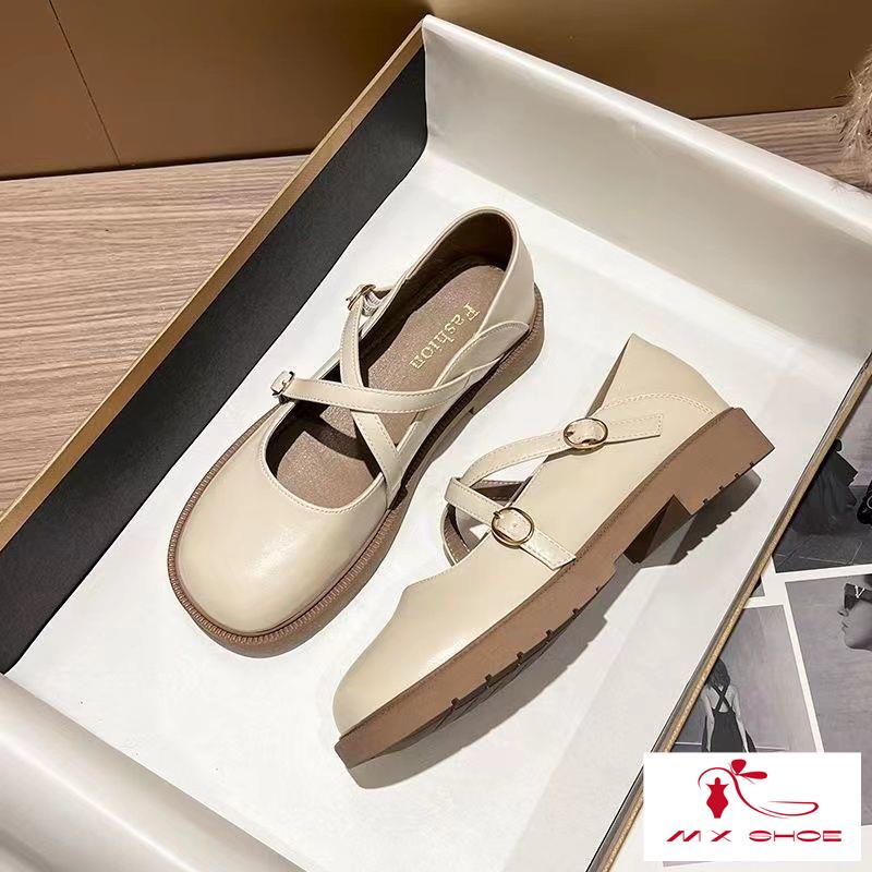 M & X ~  Giày Da Mũi Tròn Phong Cách Retro Pháp Cho Nữ
