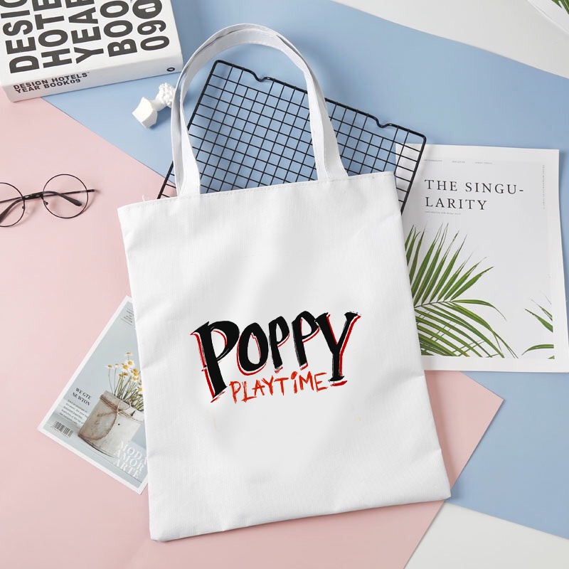 Túi tote vải trắng đeo vai in hình game POPPY PLAYTIME phong cách anime chibi tiện lợi thời trang