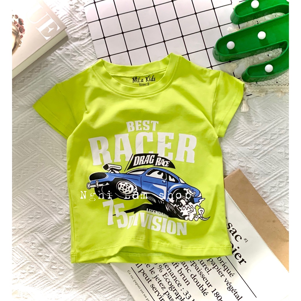 Áo thun ngắn tay bé trai chất liệu thun cotton 100% co giản 4 chiều in hình ô tô cho bé từ 8-36kg