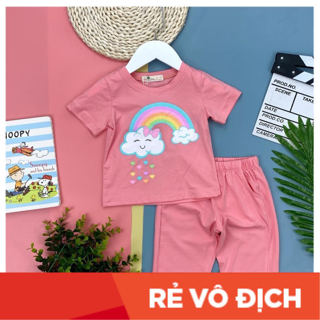 Bộ cotton cộc tay, quần lửng in hình cầu vồng bé gái size 1-8, cho bạn 10-25kg. Chất cotton 4 chiều đanh tay, siêu đẹp