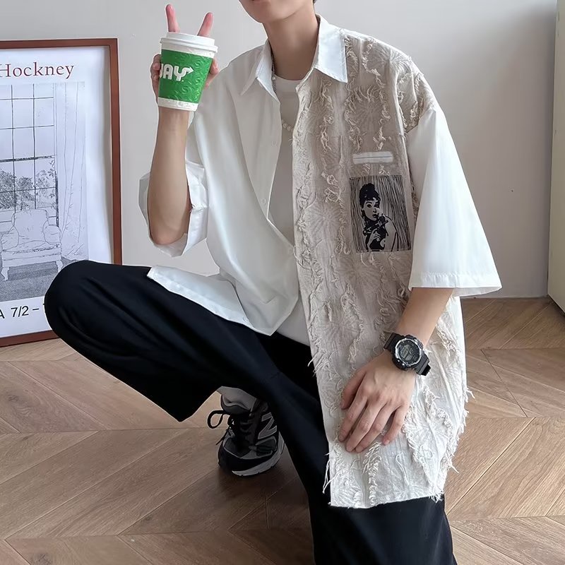 ♞AFF LIGA♞ Áo Sơ Mi Tay Ngắn Dáng Rộng Thoáng Khí Phối Màu Đen Trắng Phong Cách Hàn Quốc Thời Trang Mùa Hè Cho Nam
