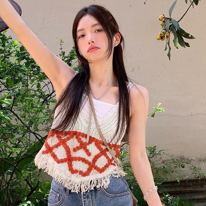 Áo Tank Top Cổ Chữ V Đan Móc Màu Sắc Retro Dành Cho Nữ