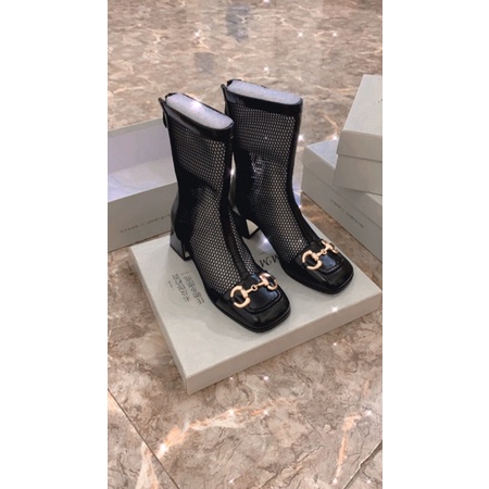 Giày boots nữ cổ cao boot cao gót 5cm lưới mũi vuông xích