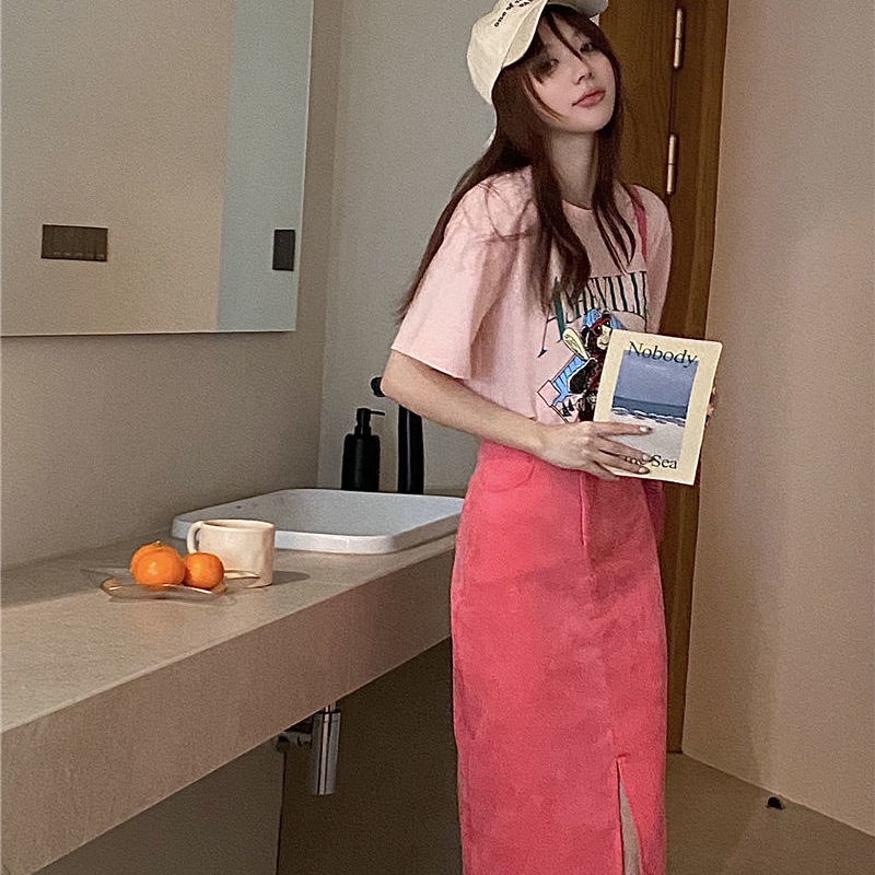 Chân Váy Ngắn Xẻ Tà Màu Hồng Phong Cách Hàn Quốc Hàng Mới