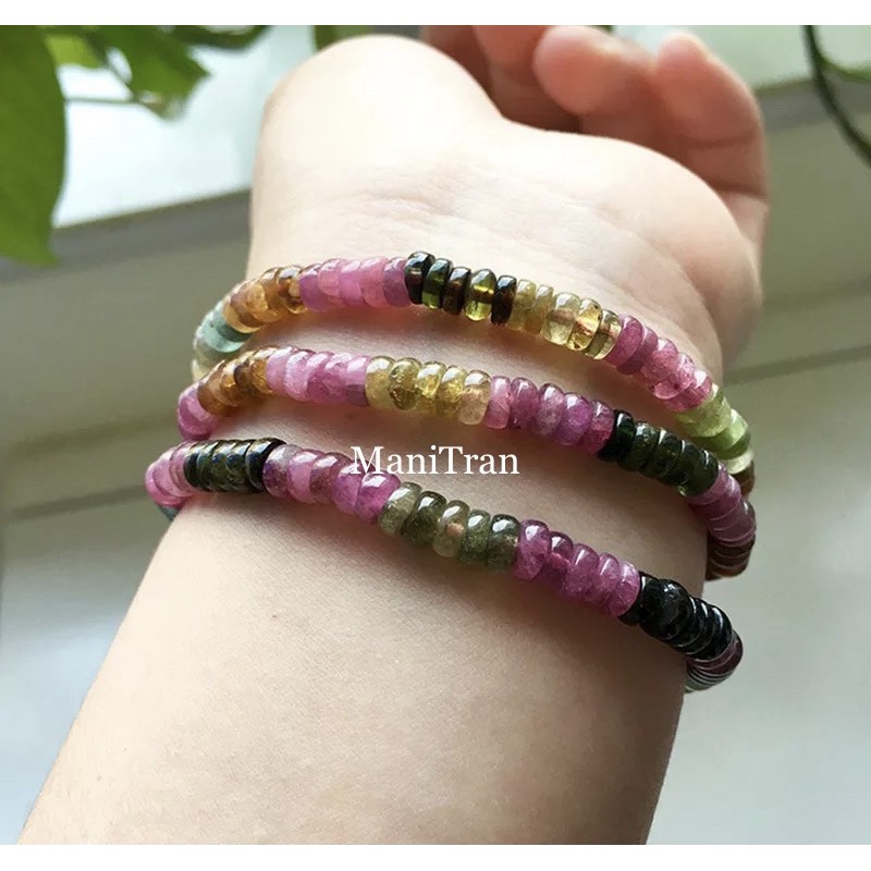 Vòng tourmaline cắt giác đa sắc, vòng tay phong thủy thiết kế đơn giản, dễ mang