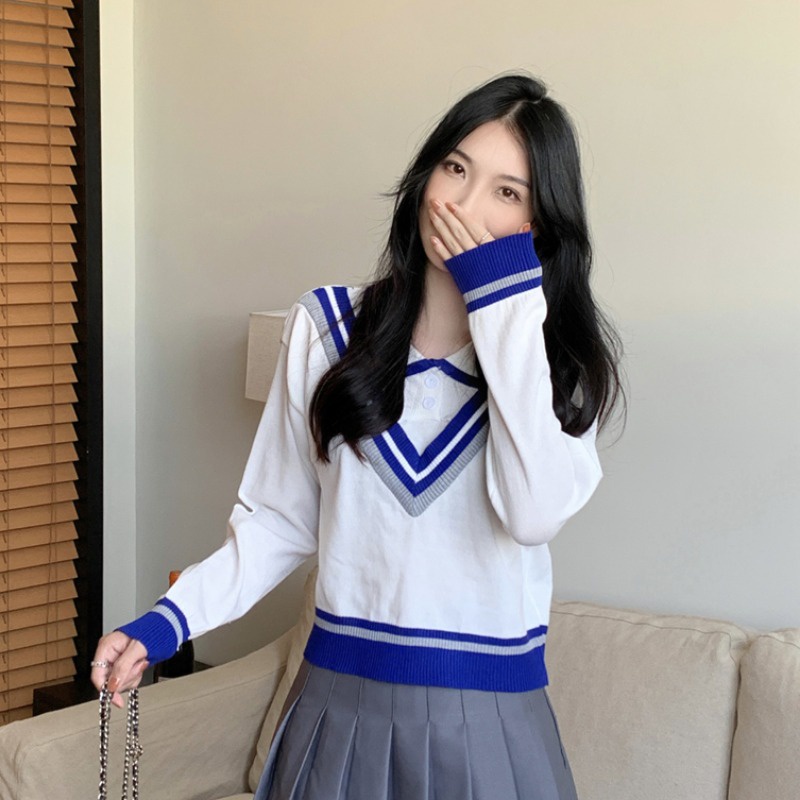 ZHELIHANGFEI Áo Len Tay Dài Giả Hai Lớp Cổ Bẻ Form Rộng Họa Tiết Preppy