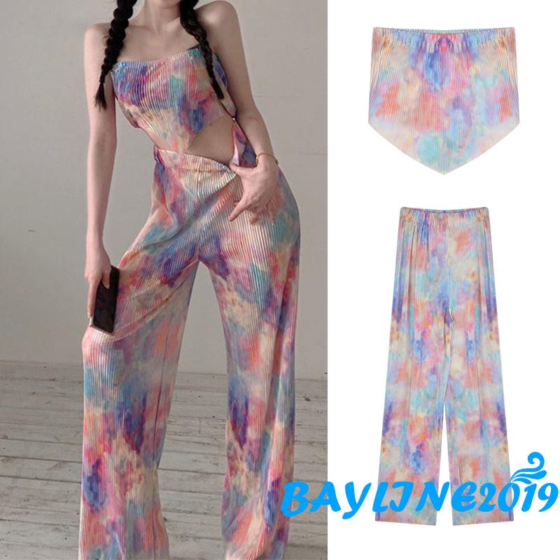 Áo buộc dây in hình ống loe gợi cảm/ Quần dài cạp cao thời trang mùa hè dành cho nữ | BigBuy360 - bigbuy360.vn