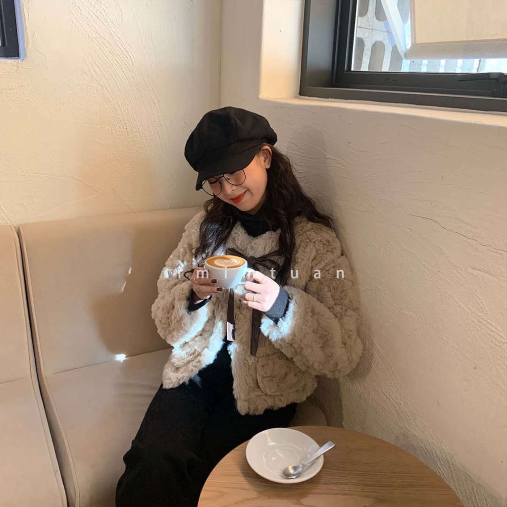 Áo khoác lông dáng ngắn dễ thương phong cách Hàn Quốc 2021 cho nữ