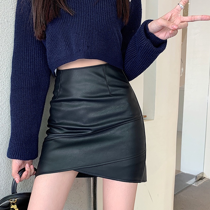 Chân váy Suxi da pu lưng cao dáng chữ A thời trang thu đông Hàn Quốc