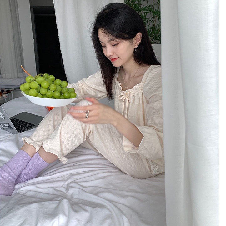 Bộ đồ ngủ tay dài phối ren dáng rộng phong cách hàn quốc thời trang mùa thu cho nữ | BigBuy360 - bigbuy360.vn