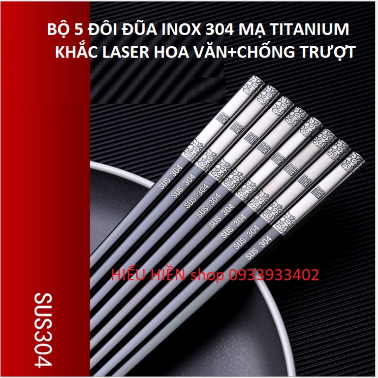 COMBO 5 Đôi Đũa Inox 304 Mạ TiTaNium Chống Trượt - Đũa Ăn Cơm Cao Cấp 23.5cm Rất Sang Trọng