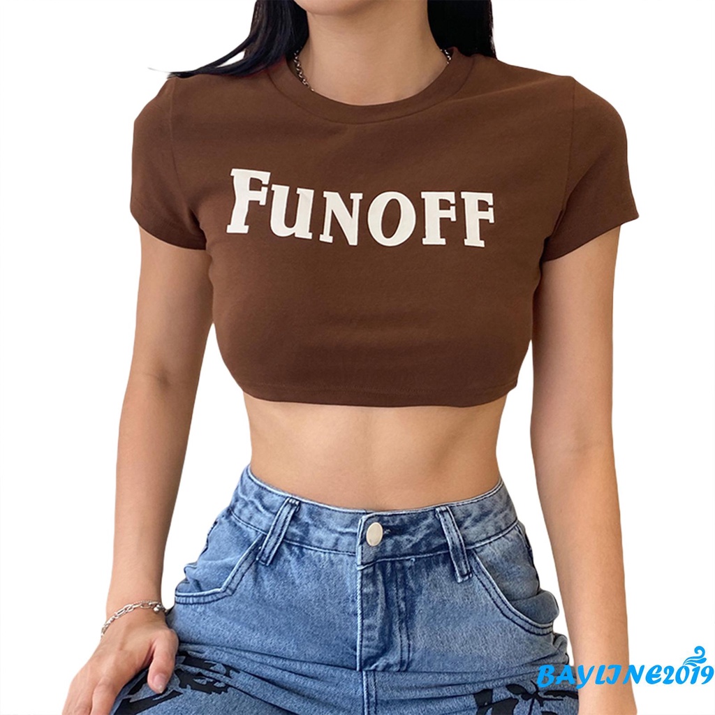 Áo croptop tay ngắn vải thun họa tiết chữ thời trang cho nữ